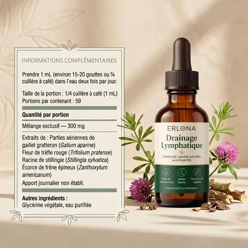 Flacon Erlona sur fond crème avec la posologie, les quatre plantes et la composition complète