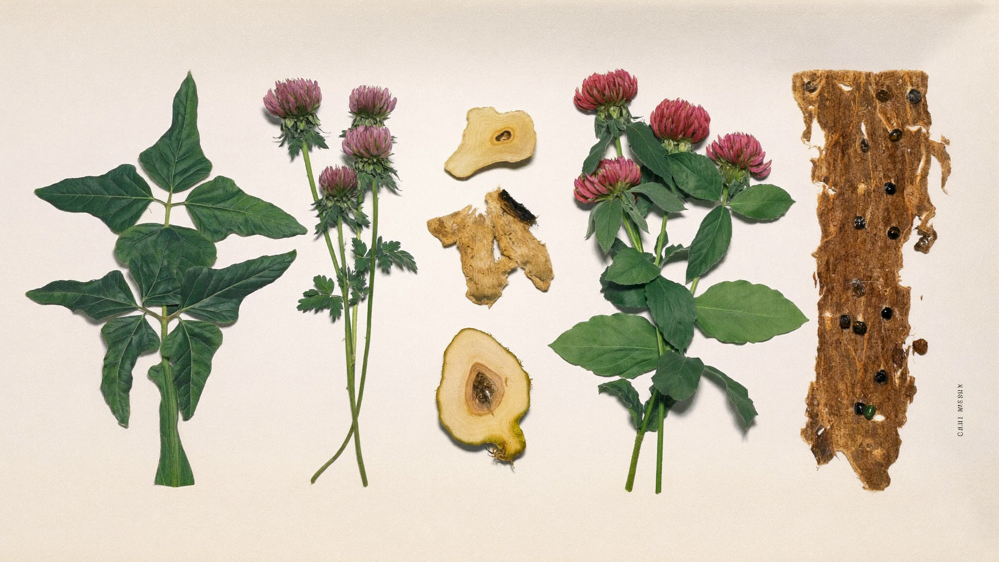 Planche d'herbier claire : gaillet gratteron, trèfle rouge, racine de stillingie et écorce de frêne épineux