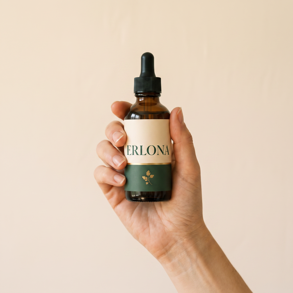 Une main tient le flacon compte-gouttes Erlona de 59 ml, ce qui donne son échelle réelle
